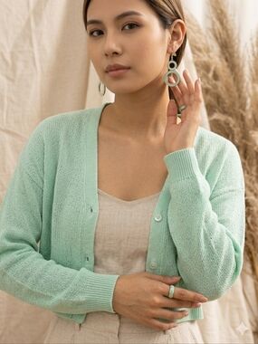 Mint Green Two-Tiered Gold-Tone Circle Drop Dangle Earrings- Fashion Jewelry